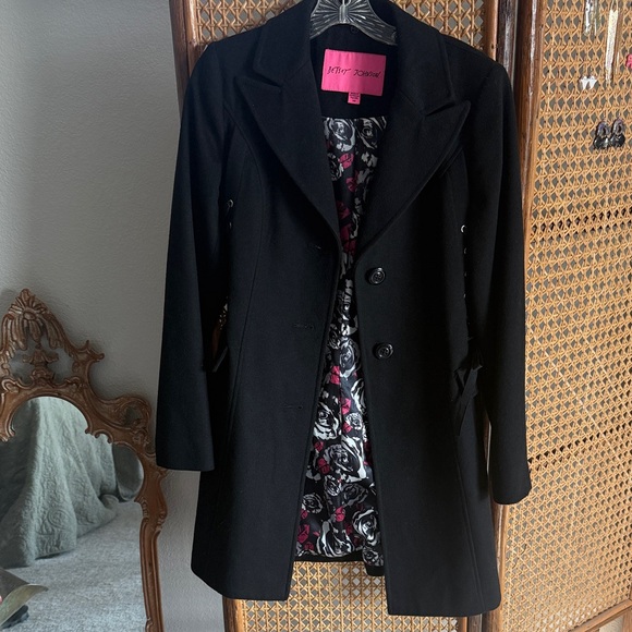 Betsey Johnson Black Corset Trench Coat with Floral Lining - Picture 1 of 7